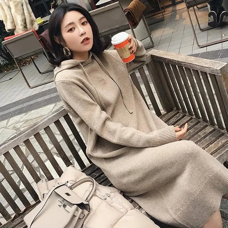 Maternity Dresses Pregnancy Clothes Autumn and Winter Knitting Dress Medium Long Sleeved Hooded Sanitary Dress Loose Wool Dress Long Skirt 230927