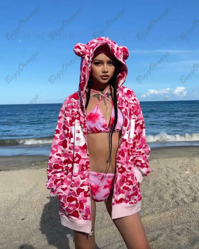 Little bear camouflage online stitching pink hooded suit