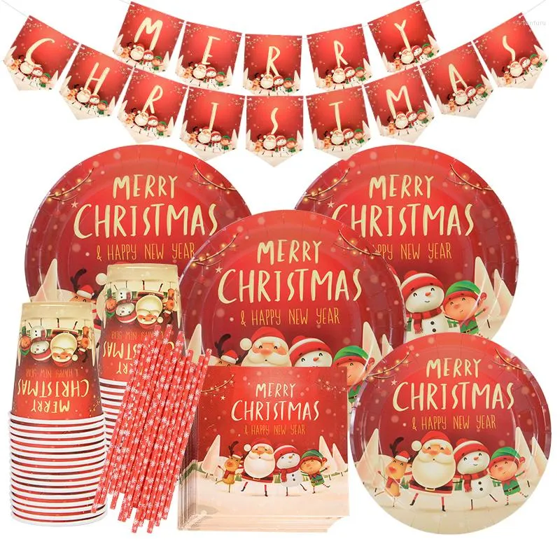 Stoviglie usa e getta Buon Natale Stoviglie Modello di Natale Set di posate Tazza di carta Piatto Tovaglioli Decorazione di paglia per feste