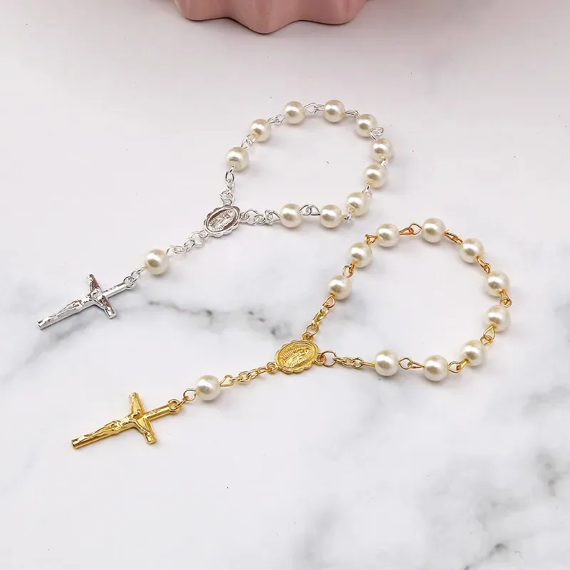 Brazalete Católico Cruz Cadena de Dedo Mini Rosario Dedo Bautismo Rosarios Pulsera de Perlas Falsas para el Bautismo Favorece Bautizo 230928