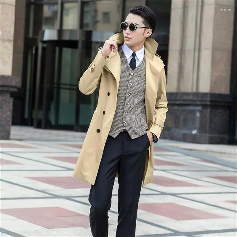 Trench da uomo stile coreano primavera e autunno di media lunghezza sottile beige doppiopetto slim abrigo hombre casaco masculino