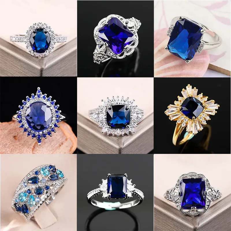 Anneaux de mariage Mode Big Blue Stone Bague Charme Bijoux Femmes CZ S Promesse Engagement Dames Accessoires Cadeaux Z4K1 230928