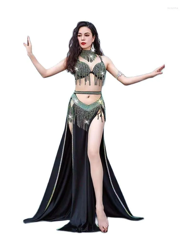 Sahne Wear 2023 Belly Dance Costume Performans Elbisesi saten püsküllü uzun rekabet ekibi