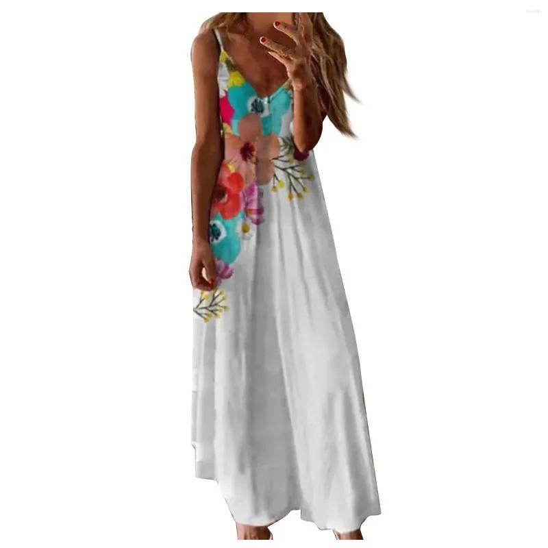 Casual Dresses Women's Fashion Sleeveless Camisole V-neck Print Maxi Tank Long Dress Shirt