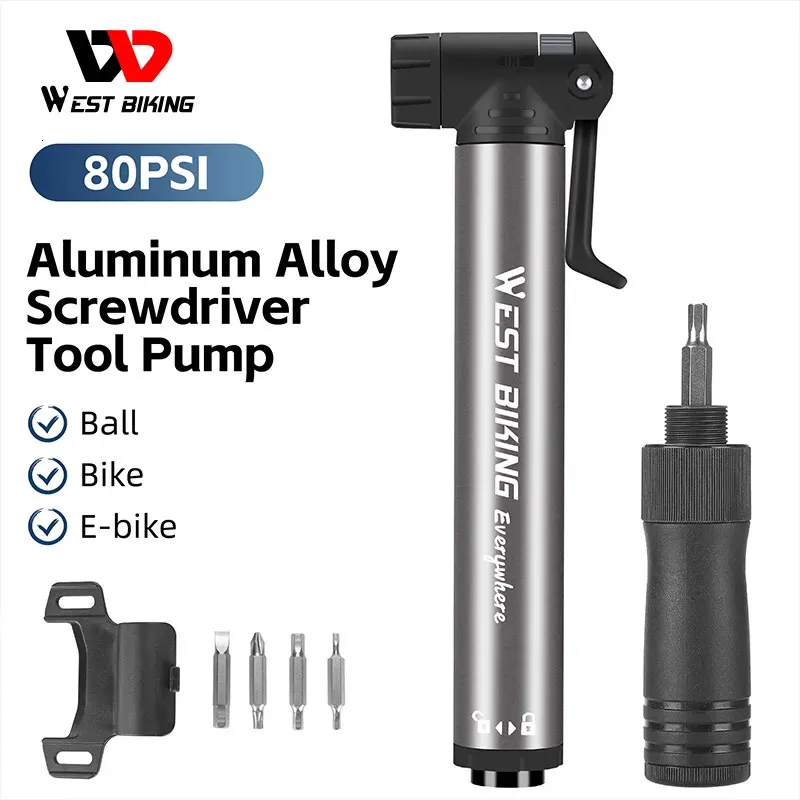 Bike Pumps WEST BIKING Portable Bike Pumps 2 In 1 Multifunction Bicycle Pumps With Screwdriver Tool Ultralight Road Bike Tire Air Pumps 230928