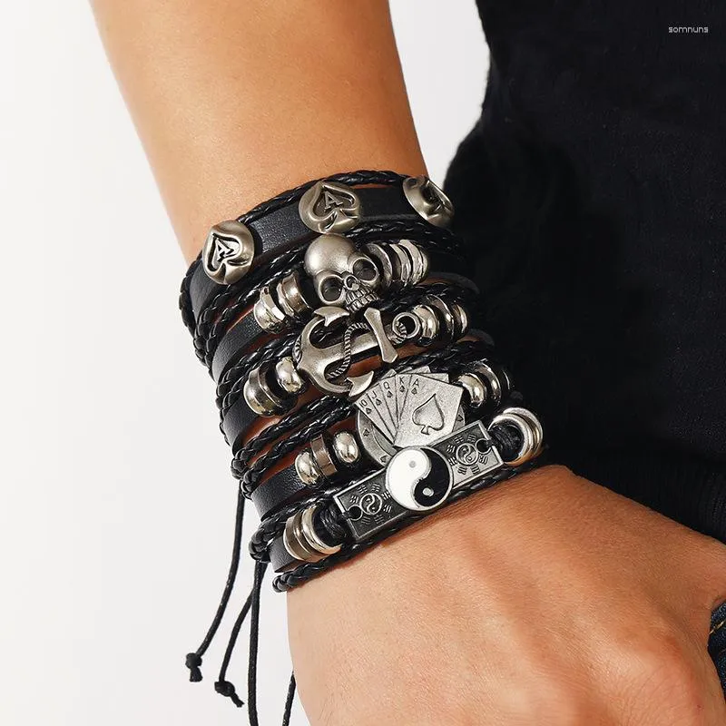 Charm Armbänder 5 teile/satz Mode Schwarz Schädel Mehrschichtige Perlen Leder Armband Für Männer Einstellbare Hand Gewebt Männlich Schmuck