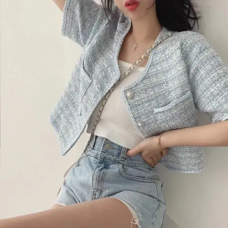 Women's Wool Blends Korean Chic O-neck Double Pockets Coat Women Summer Pearl Button Double Breasted Jackets Loose Short Sleeve Tweed Jacket 230927