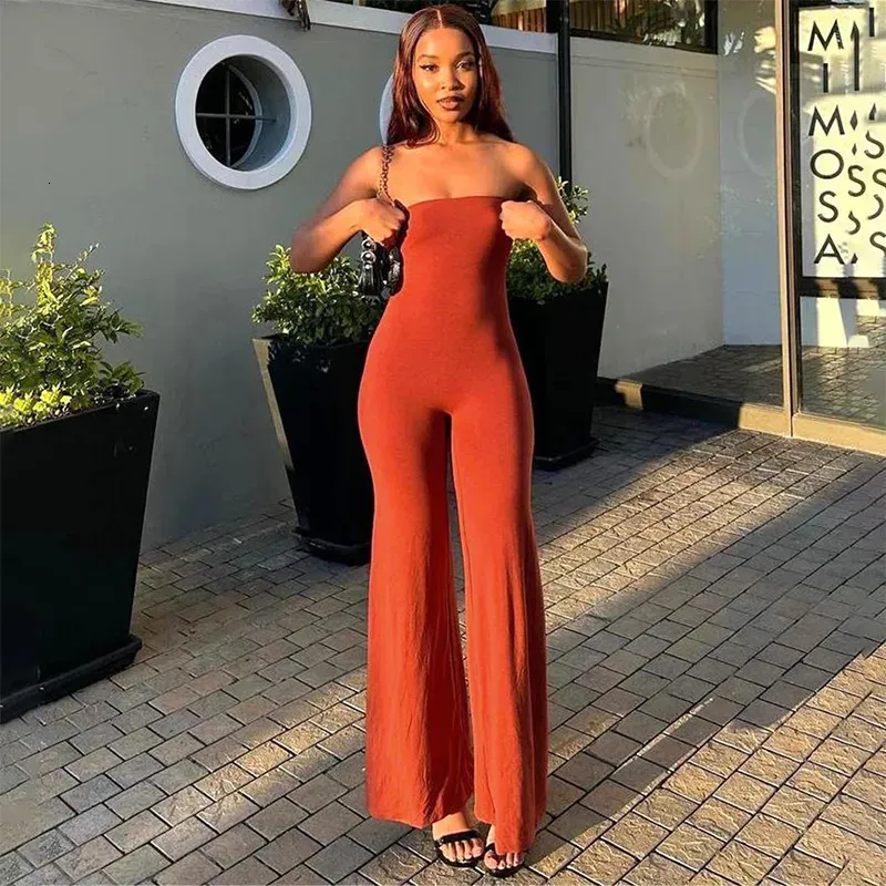 Men's Pants BUILDINGB Solid Strapless Backless High Waist Flared Pants Bodysuit Women Casual Slim Street Jumpsuit Wearing 230927