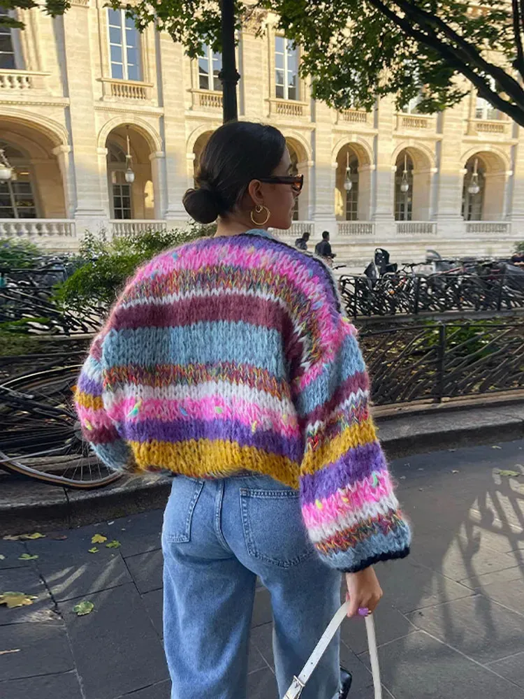 Women's Rainbow Striped Lantern Sleeve Sweater - Colorful Pullover Crop Sweater, Medium