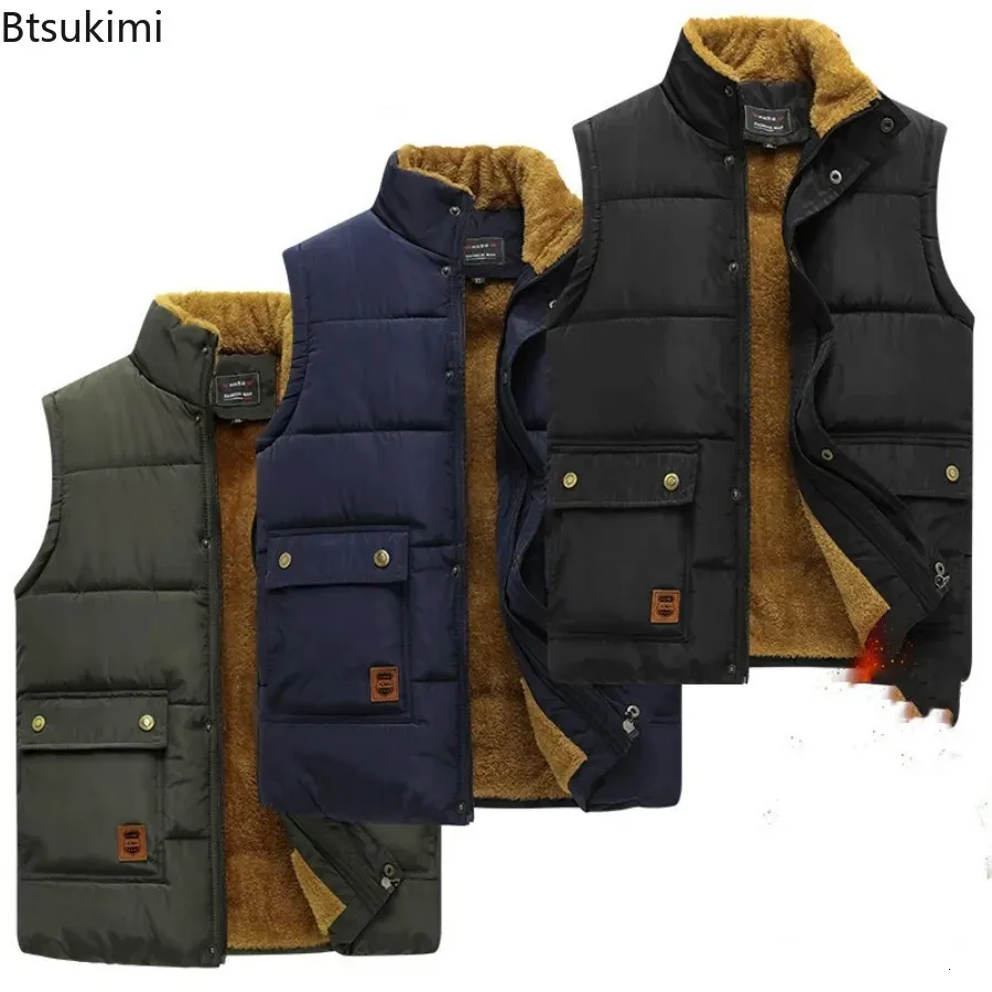 Gilets pour hommes 2023 épais chaud gilet vestes solide automne hiver peluche vers le bas coton gilet hommes col montant vêtements 230927