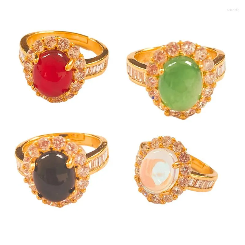 Bagues de cluster de luxe plaqué or rouge gemmes vert / noir / blanc cristal cocktail fête femme bague réglable bijoux de mariage mariée