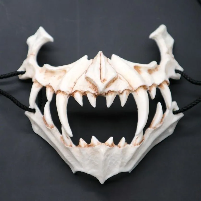 Half Animal Mask Long Teeth Demon Samurai White Bone Mask Tengu Dragon Yaksa Tiger Harts Mask Cosplay T2005092962