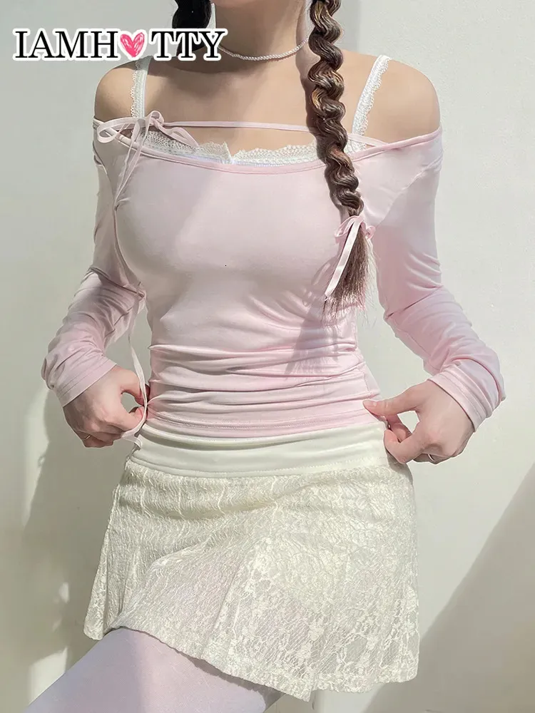 Women's T-Shirt IAMTY Sweet Lace-up Slash Neck T-shirt Pink Kawaii Long Sleeve Tops Spring Casual Y2K Aesthetic Tops Korean Cute Clothes 230927