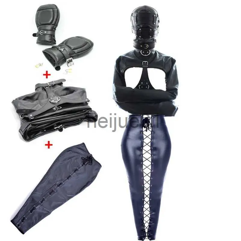 Bondage PU Cuir Open Breast Straitjacket Gants de boxe rembourrés Armbinder BDSM Restraint Legs Harnais Sac Tête Hood Gode Gag Roleplay x0928