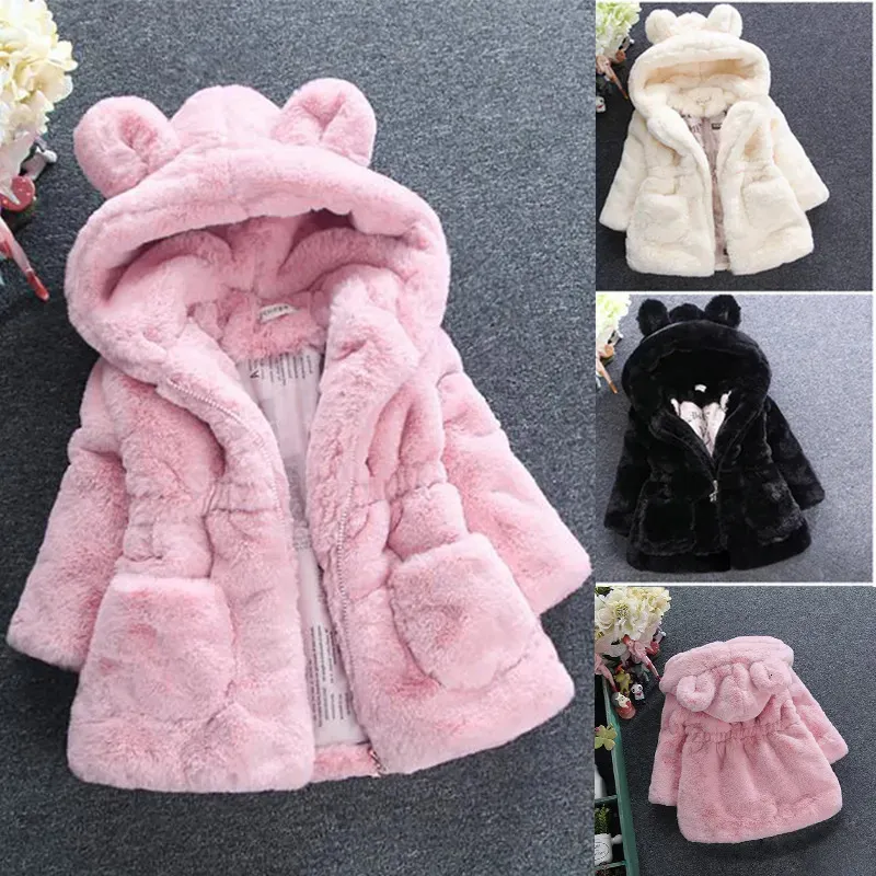 Jackor vinter baby flickor kläder faux päls fleece kappa tävling varm jacka jul snöde 1-8y huva ytterkläder 230928