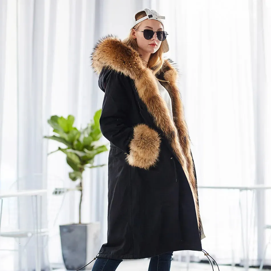 Fourrure Femme Fausse Fourrure Maomaokong Hiver Femme Manteau De Fourrure Naturelle Grande Taille Parkas Noir Raton Laveur Vraie Doublure De Fourrure Grande Veste Chaude Manteaux Longs 230927 Du 297 1...