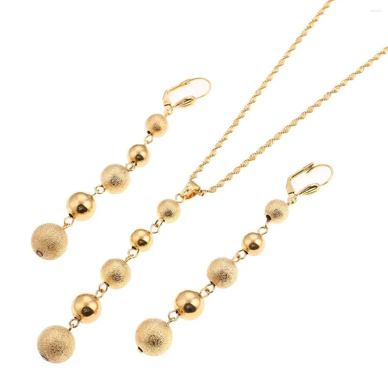 Necklace Earrings Set African Gold Color Ear Buckle Beaded Balls Chain Necklaces Drop For Women Girls Fashion