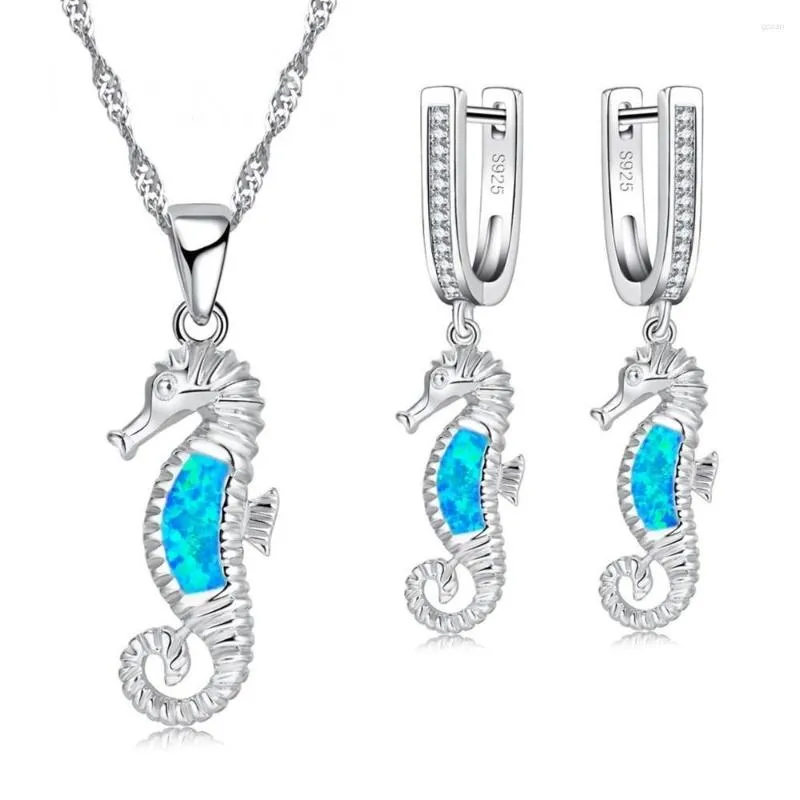 Ketting oorbellen set blauw schattig vuuropaal hippocampus voor feestaccessoire vrouwen en oorbel dierensieraden