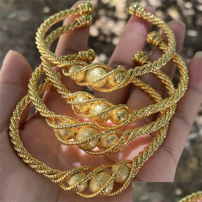 Bangle 4 pcs Bead étnica cor de ouro Dubai Bangles para mulheres 24k bola cobre s pulseira árabe meninas áfrica jóias gota entrega bracel dhm6w