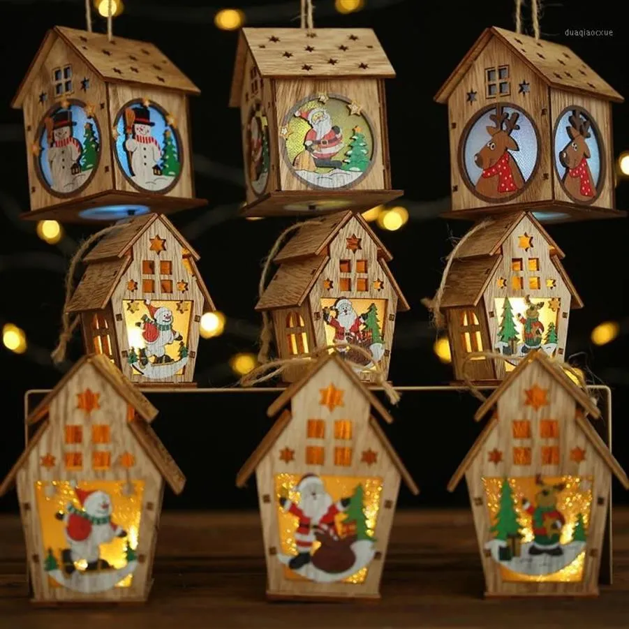 Jul LED Light Wood House Christmas Tree Decorations for Home Holiday Hanging Ornaments Gift Glowing Party Decor1238n