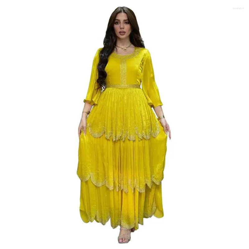 Casual Dresses Summer Spring Muslim Women Fashion 3/4 Sleeve Polyester Green Yellow Purple Long Abaya Dress