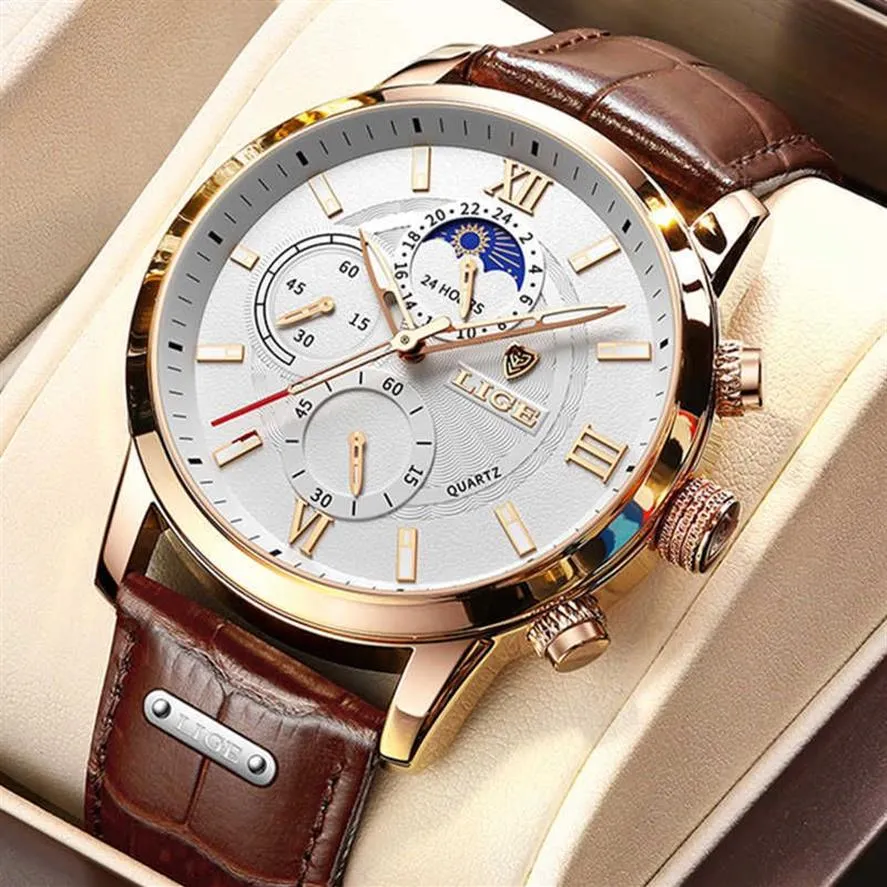 2021 Lige Watches Mens Top Brand Luxury Clockカジュアルレース24時間ムーンフェーズメン