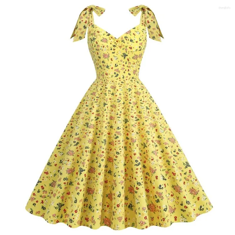 Casual Dresses Sishion 50s 60s Vintage Cotton Little Floral Print Yellow Dress VD4138 Elegant Sexig födelsedagsfest