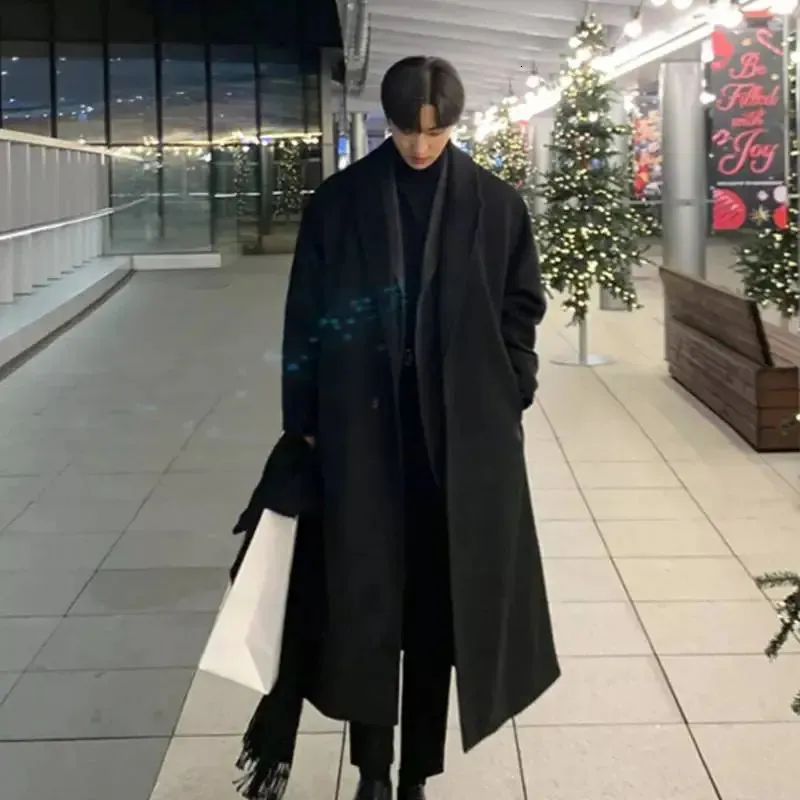メンズウールブレンドマンジャケット秋の冬のコート韓国ファッションロングトレンチストリートウェアアウターウェアジャケット230928