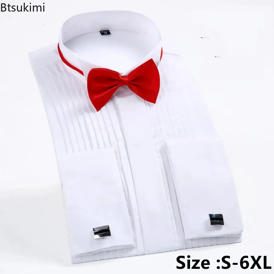 Herrklänningskjortor 2023 Wedding Party Club med Bowtie Slim Fit Solid Wing Tip Collar Tuxedo Shirt Långärmad Male Topps 230927