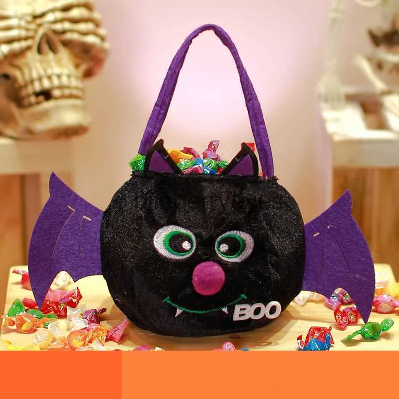 Sac à bonbons fourre-tout pour fête d'halloween, sac cadeau en polaire pour enfants, motif chauve-souris, chat noir, citrouille, Bag09blieberryeyes