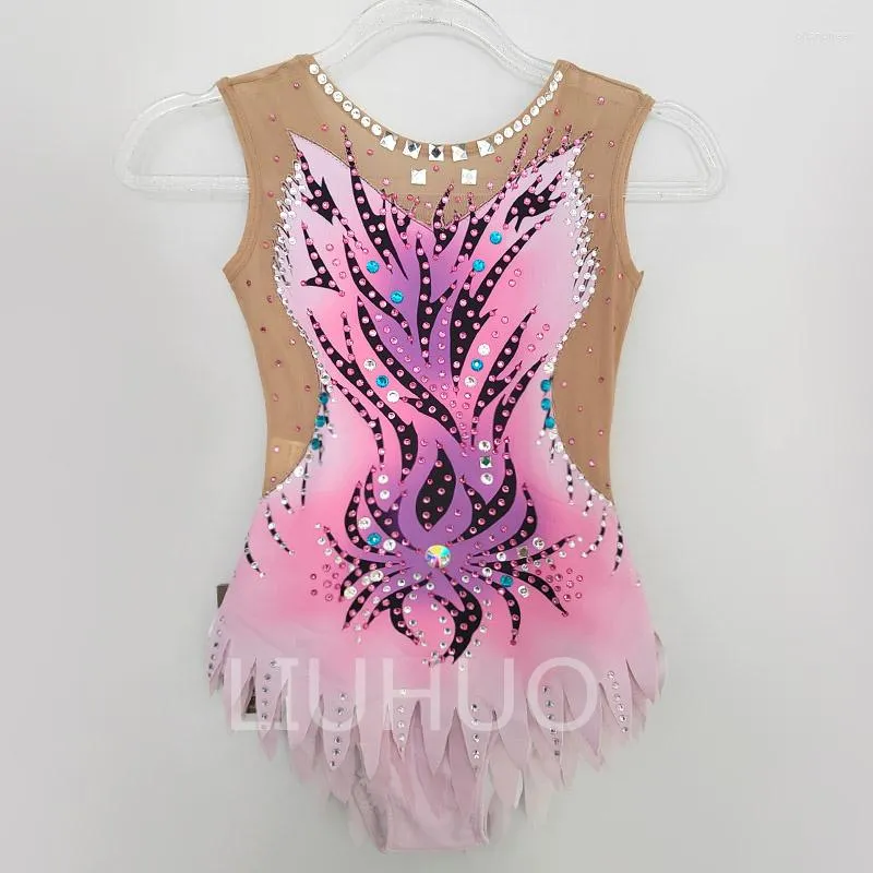 Scen Wear Liuhuo Rhythmic Gymnastics Leotards Girls Pink Print glittrande strass Tävlingsprestanda Anpassa