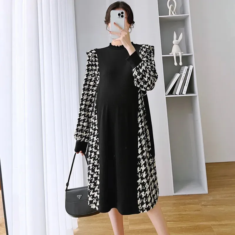 Abiti premaman Autunno Donne incinte Abito lavorato a maglia Manica lunga a lanterna Plaid nero Patchwork Abito premaman finto in due pezzi Abiti gravidanza 230927