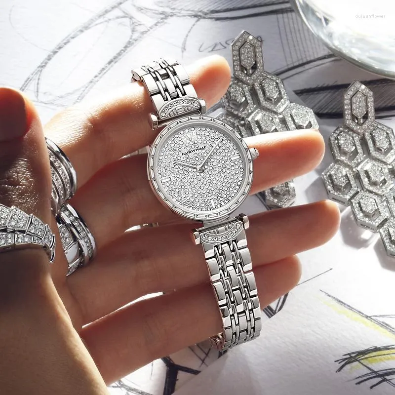 Armbandsur Mark Fairwhale Lady Luxury Full Diamond Women's Watch Quartz Sparkling Round Top Brand Female Watches 30m Waterproof 3330