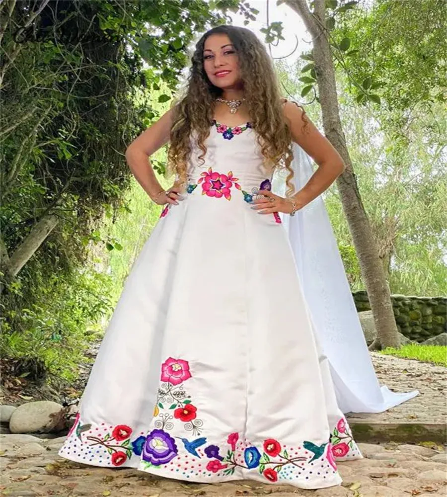 Vestido de noiva tradicional mexicano com bordado vintage gótico colorido macio cetim boho vestidos de noiva 2024 praia gatsby vestido de noiva uma linha país vestidos novia
