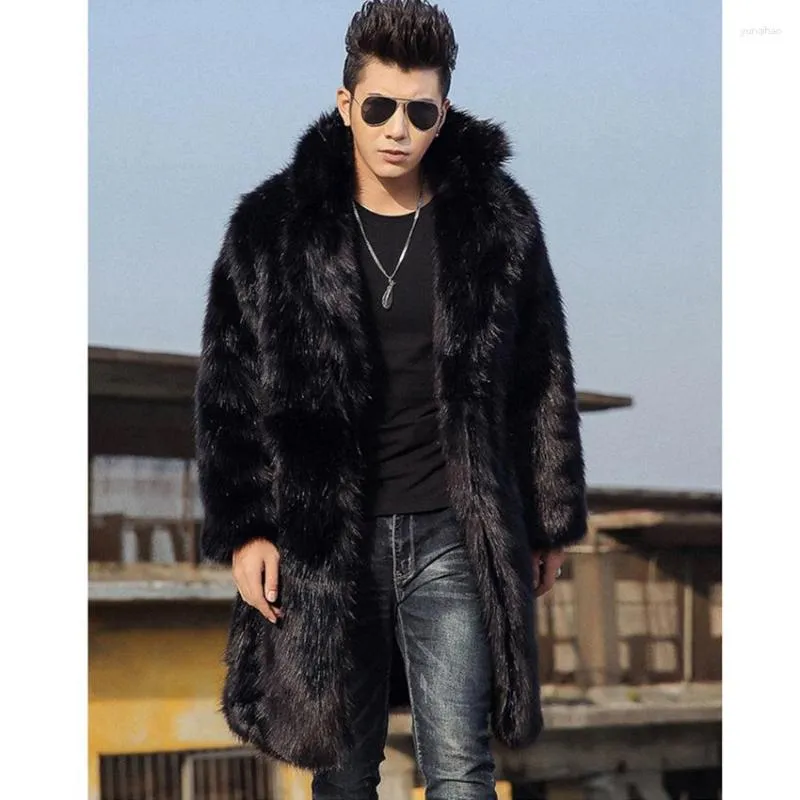 Trenchs de Hommes Mode Noir Fausse Fourrure Veste Hommes Hiver Marque Longue Parka Chaud Épaissir Manteau Mâle De Luxe Punk Outwear 6XL