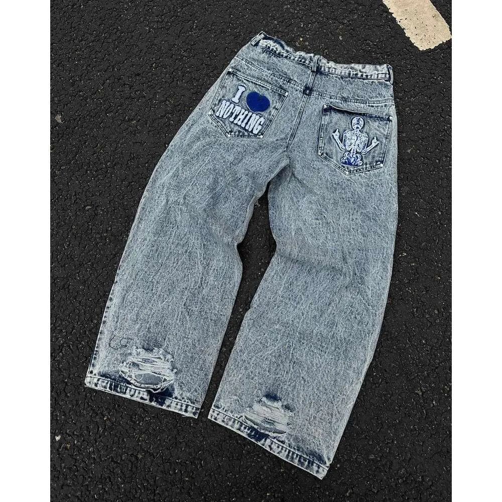 HCW Retro Love Skull Ricamo Lavato Blue Jeans Donna Pantaloni a vita alta dritti larghi strappati Denim Hip Hop Streetwear