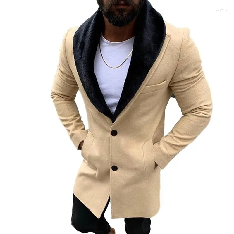 Trenchs pour hommes Manteaux pour hommes Manteau de fourrure col rabattu long manteau d'hiver vestes coupe-vent décontracté couleur unie vêtements d'extérieur mode laine