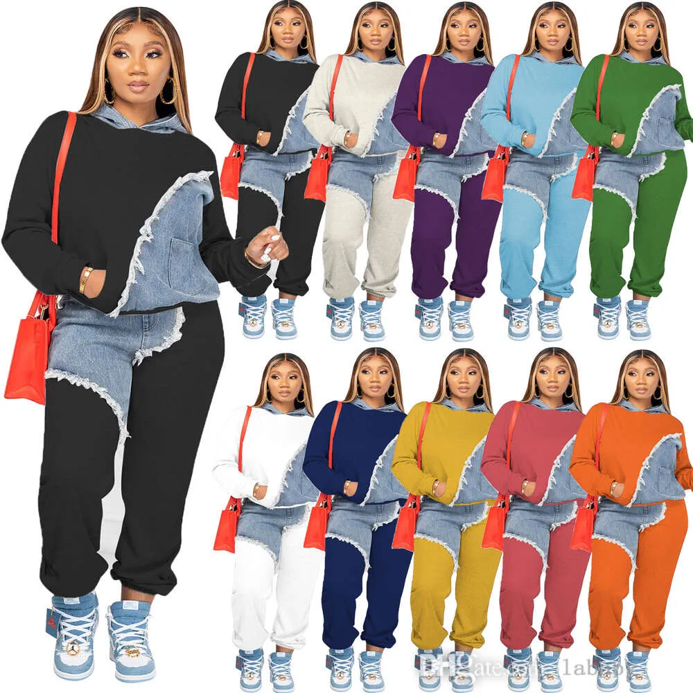 Autumn Winter Hoodie Tracksuit Women Two Piece Set Casual Pants Passar Löst långärmad skarvning Denim Top Ordized Pants Plus Size S-3XL-kläder