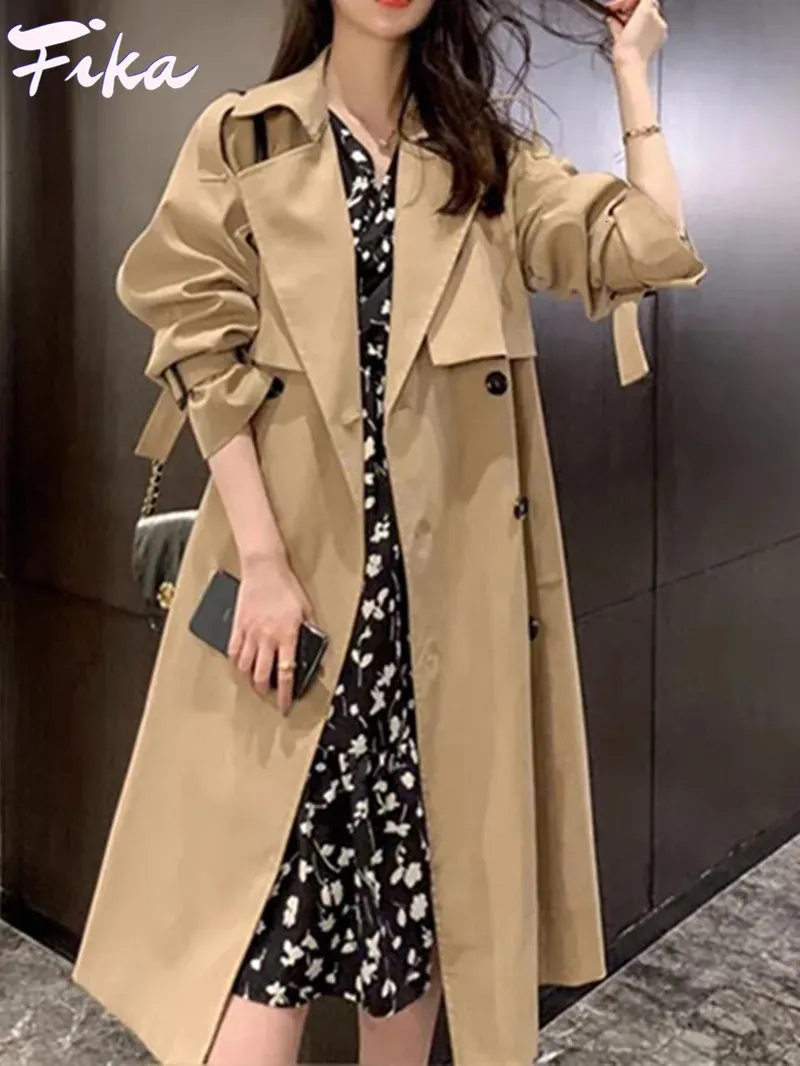 Mulheres Trench Coats Estilo Coreano Qualidade Turn Down Collar V Neck Double Breasted Belt Long Windbreaker Trenchcoat Casual Solto Casaco Oversize 230927