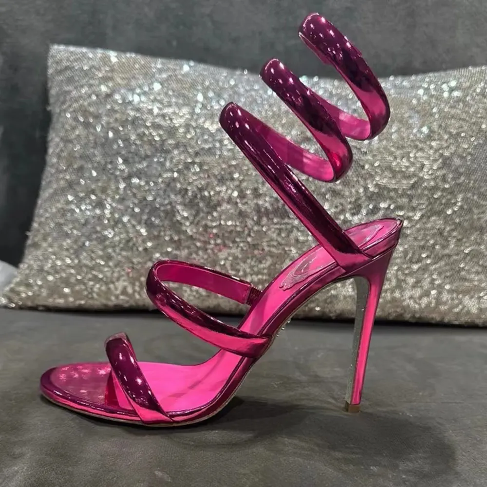 Rene Caovilla Cleo Red Mirror Sandal 10cm 여성 스틸레토 힐 힐 이브닝 신발 뱀 Strass 발목 랩 어라운드 하이힐 샌들 럭셔리 디자이너 신발 공장 신발