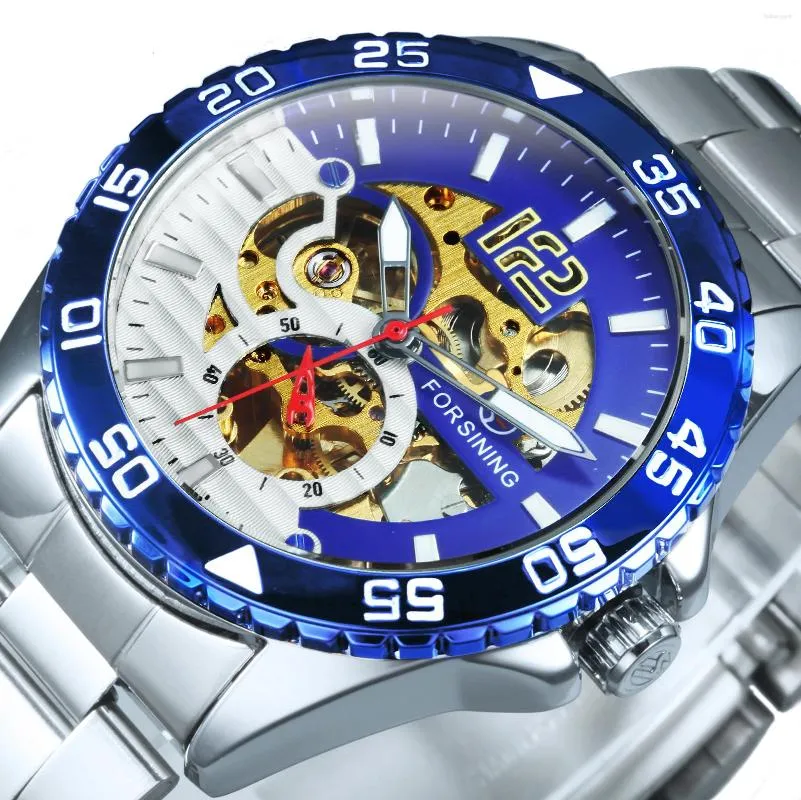 Wristwatches Forsining Sports Skeleton Automatic Mechanical Watch For Men Blue Rotating Bezel Luminous Hand Mens Waches Stainless Steel