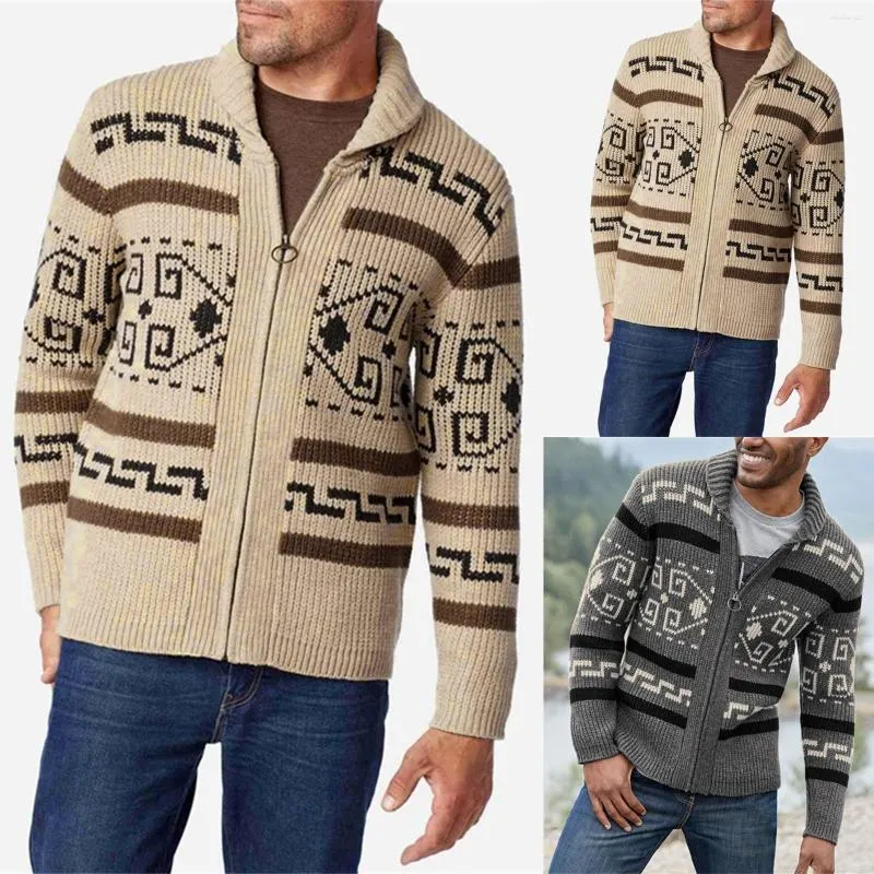 Men's Sweaters Sweater Autumn Long Knitted Cardigan Vintage Coats Men Fashion Print Zipper Winter Casual Pattern Sleeve