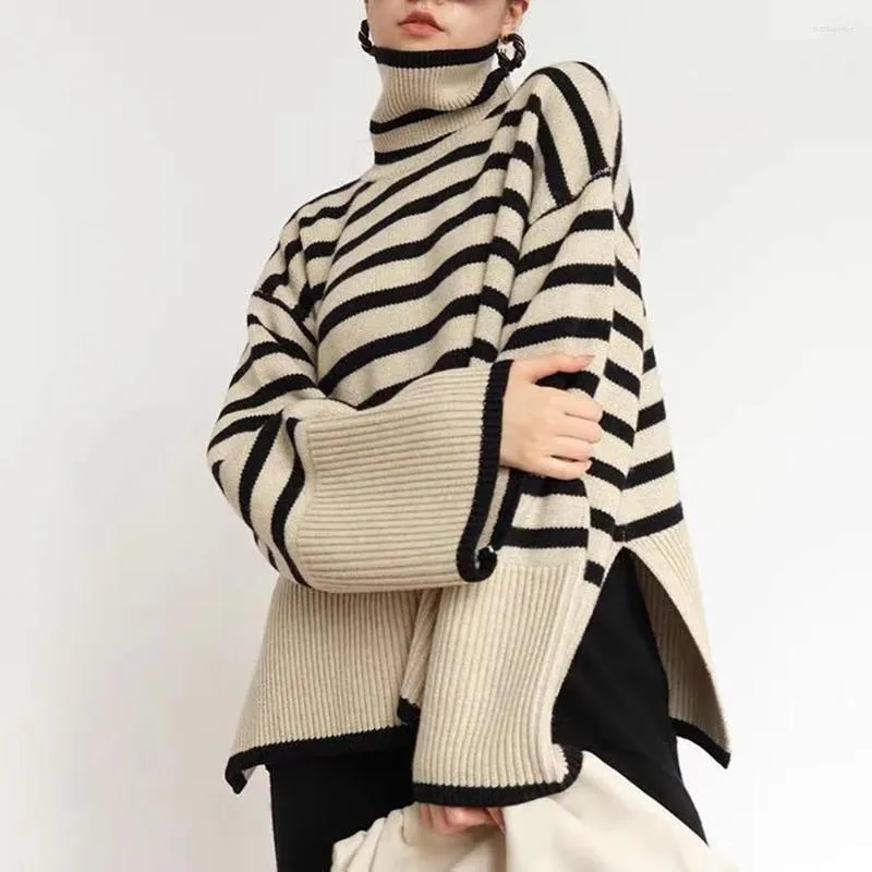 Женские свитера осень/зима, водолазка, черно-белый полосатый пуловер, женский свитер, трикотаж, толстый повседневный свитер с высоким воротом для женщин