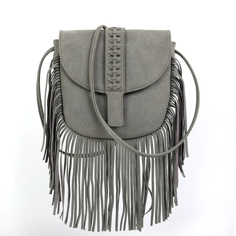 Faux mocka läder hippie zigenare boho väska täcker vävt halvcirkulär läder tofs crossbody väska kvinnor axel messenger väskor