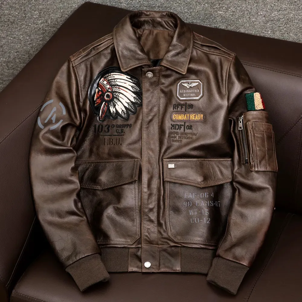 Heren leer Kunstleer Air Force Flight A2 Pilot Indian Cow Leather Motorcycle Brown Jacket 100% koeienhuid Herenjack Bomber Herenkleding 230927