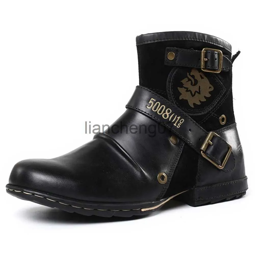 Boots Men's Motorcycle Boots Dress Casual Comfort Western Boot Zapatos Men Shoes Ankle Vintage Metal Buckle Side Zip Cowboy Boots x0928