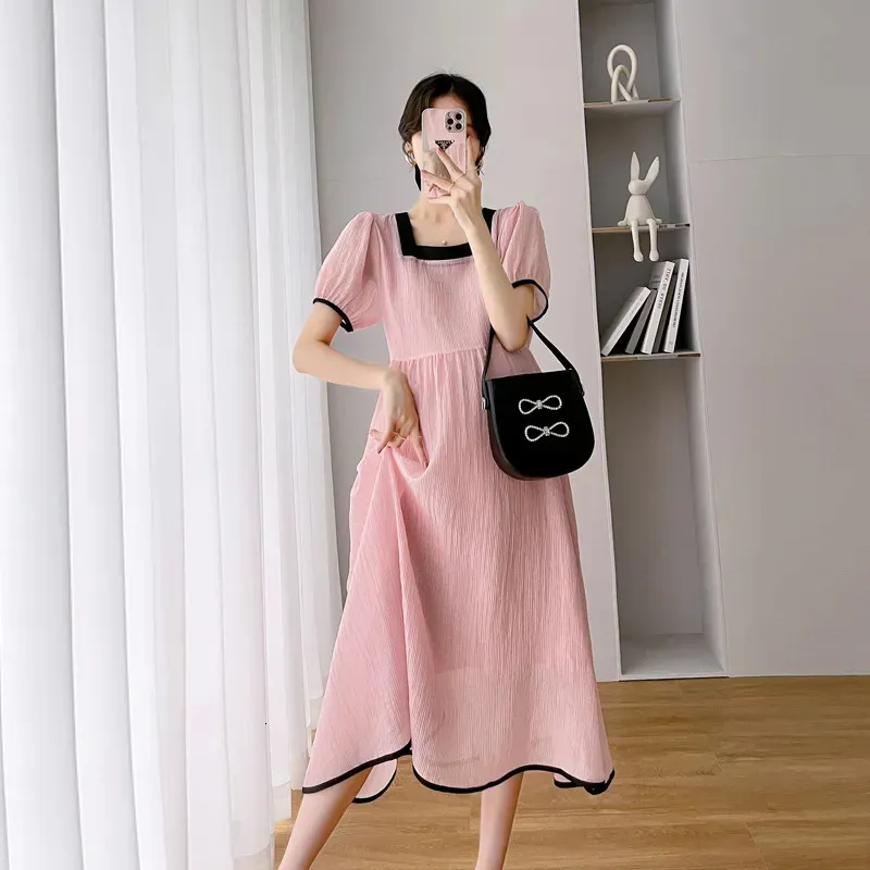 Maternity Dresses French Maternity Dress 2023 Summer Clothes For Pregnant Women Elegant Fresh Solid Patchwork Square Collar Pregnancy Vestidos 230927