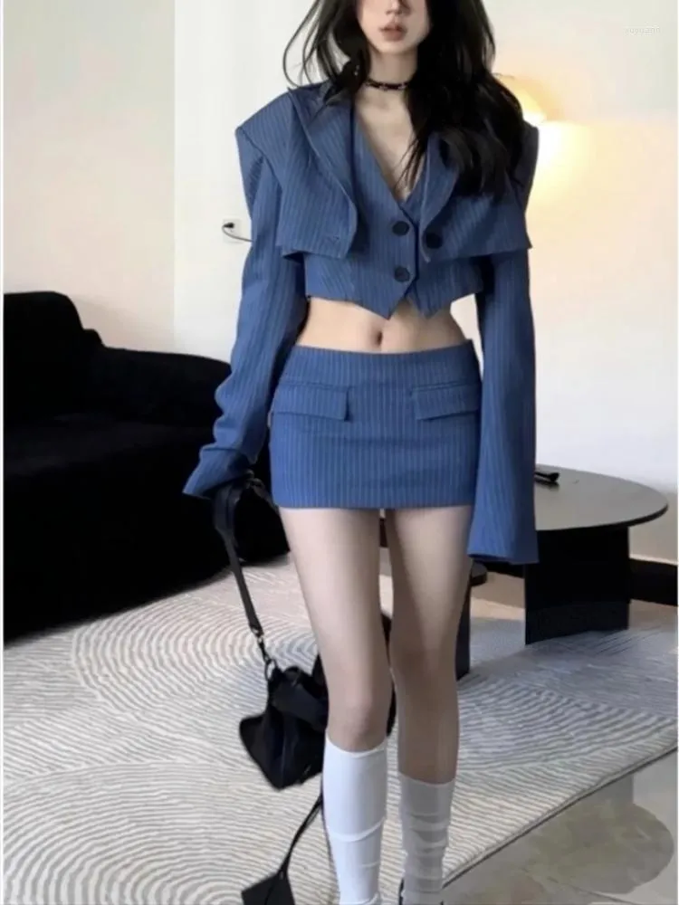 Work Dresses 2023 Autumn Elegant 3 Piece Dress Set Women Casual Y2k Crop Top Striped Blazers Suits Korean Fashion Clothing Mini Skirts Chic