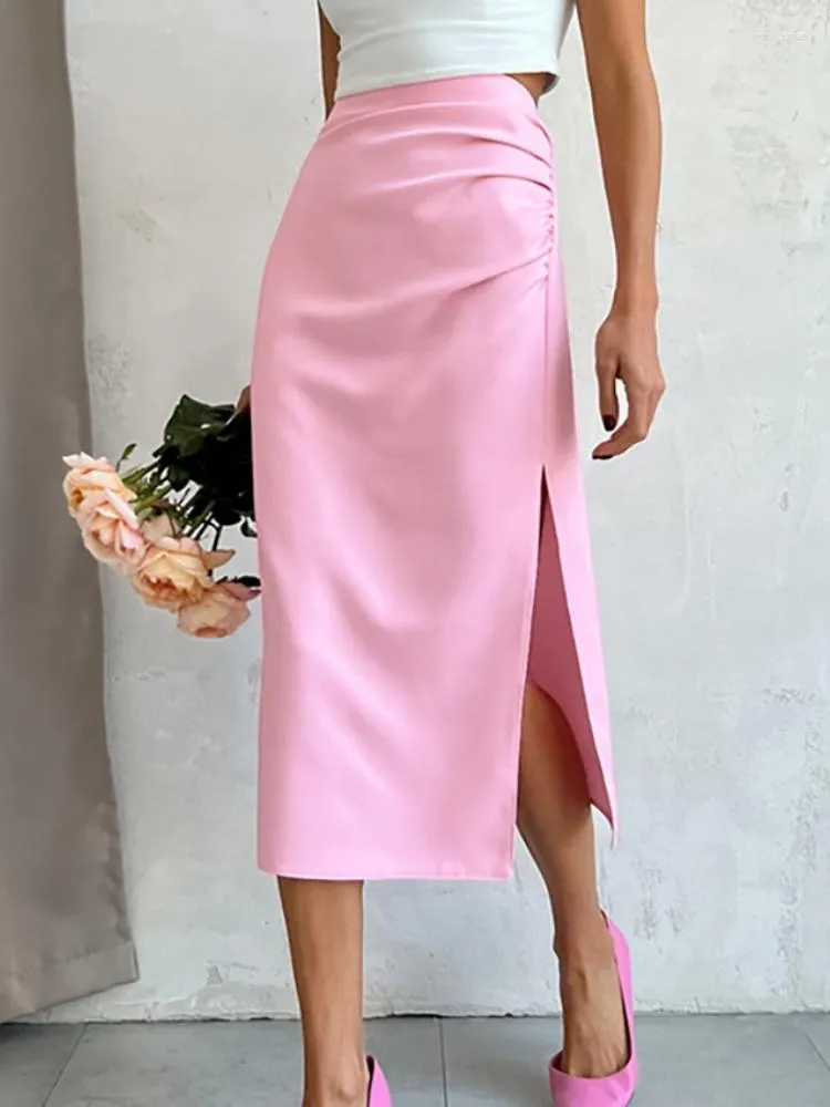 Jupes Fente jupe rose pour femmes taille haute esthétique Faldas Escocesas De Mujer Slimfit robe d'été fermeture éclair vêtements de mode coréenne