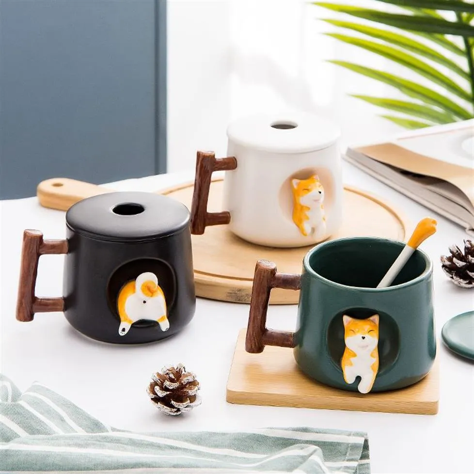 Tasse Shiba Inu créative et mignonne faite à la main avec couvercle, cuillère en céramique pour chien, tasse personnalisée pour café, thé, vaisselle de cuisine, cadeau d'amour L283L